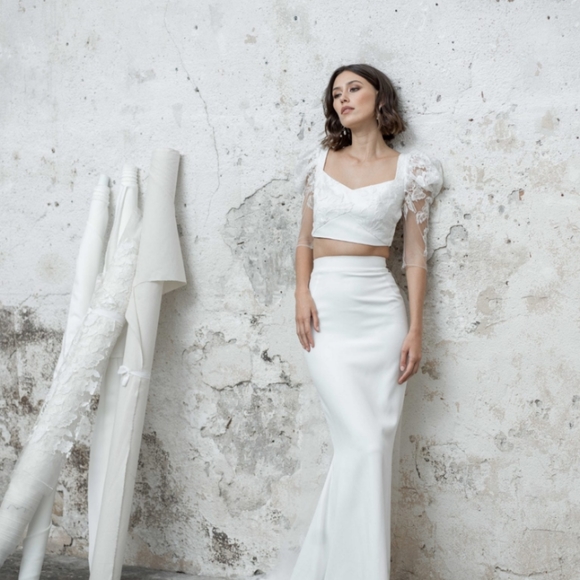 Rime Arodaky Dresses & Skirts - Rime Arodaky White Two-Piece Bridal Gown with Lace Puff Sleeves